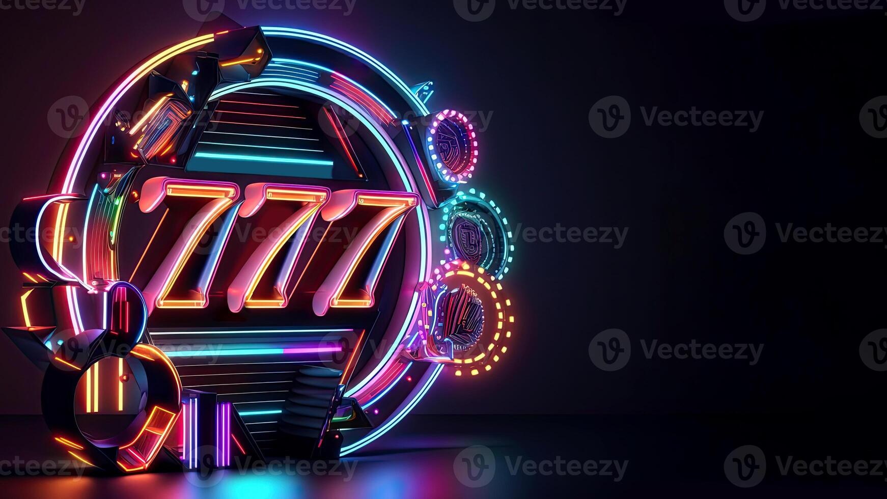 Glowing Neon Circular Shape Board with 777 Symbol on Dark Background for Advertisement, Casino Game Concept. Generative AI Technology. photo