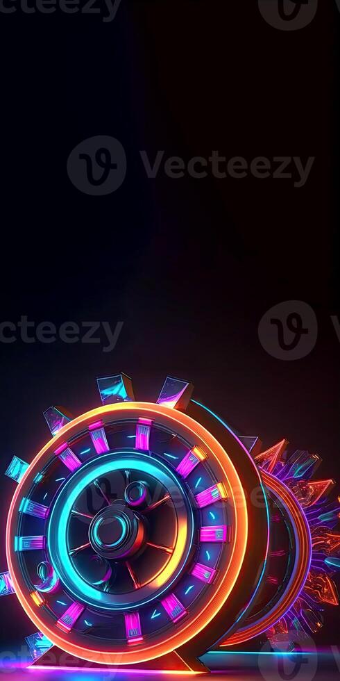 3D Render of Glowing Neon Roulette Wheel with Flares on Dark Background, Casino Game Concept. Technology. photo