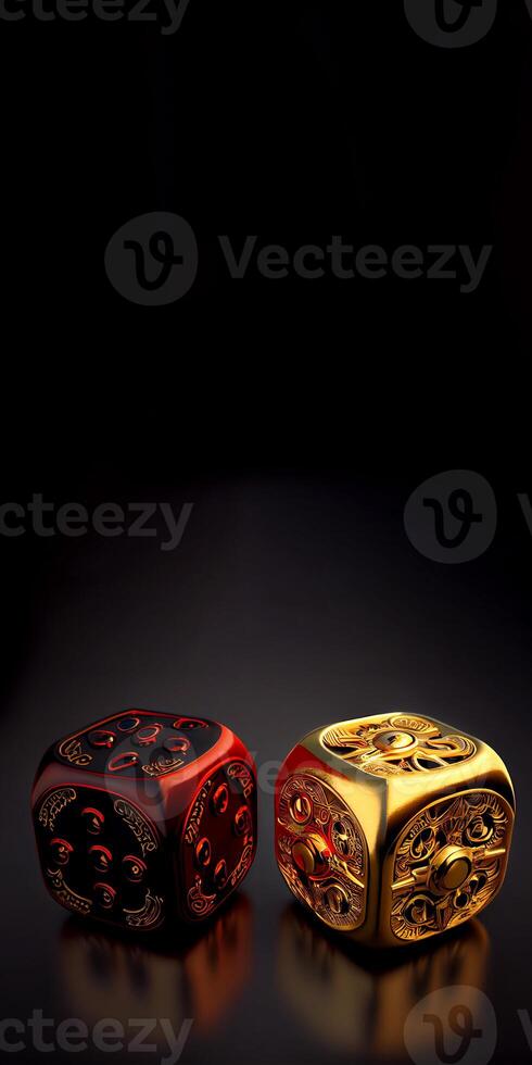 Two Casino Game Metal Dice in Red and Golden Color Against Dark Background. Role Playing, Board Game Concept. Technology. photo
