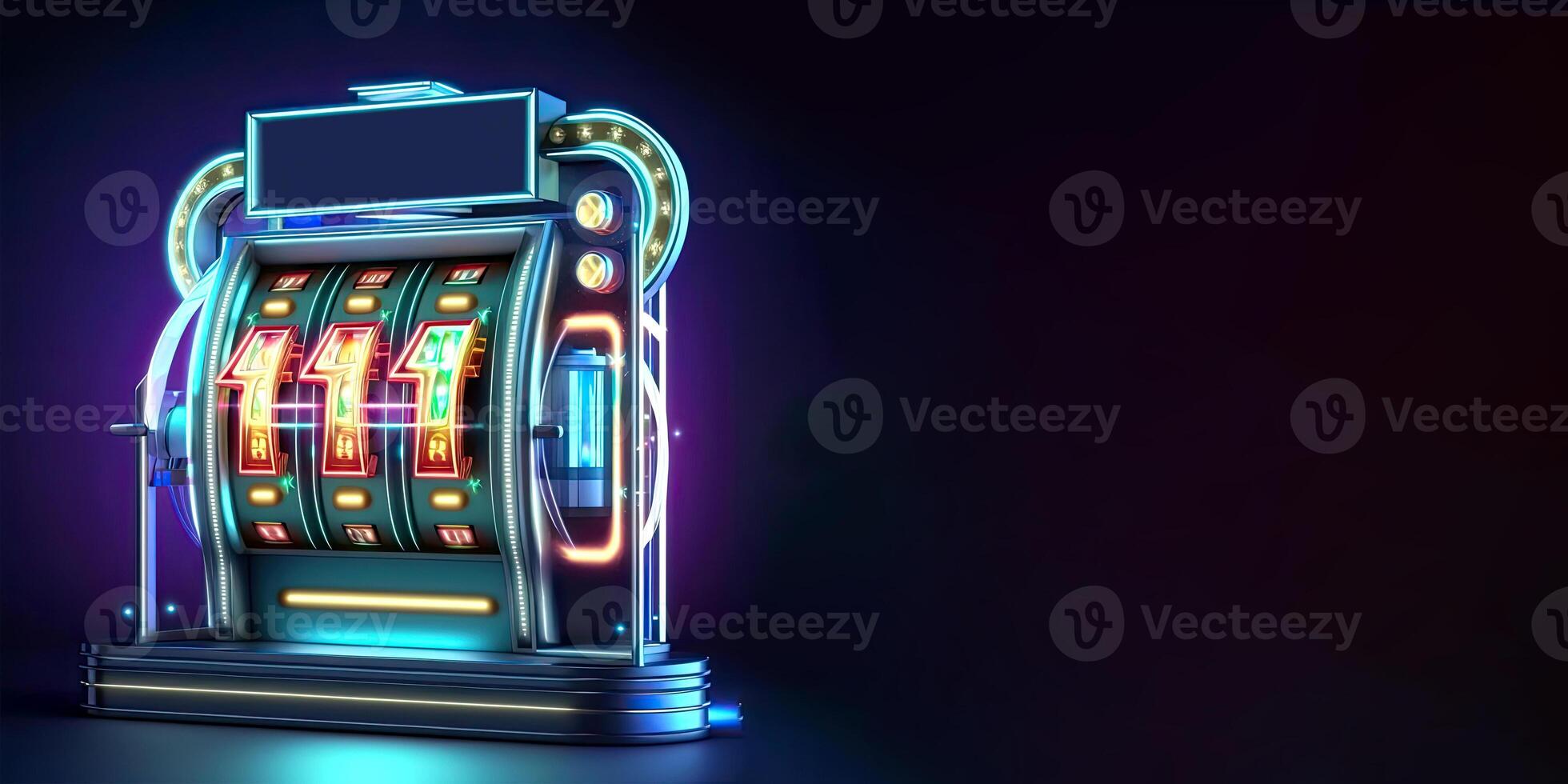 Glowing Neon Slot Machine with Triple One Symbol on Dark Background, Casino Game Concept. Technology. photo