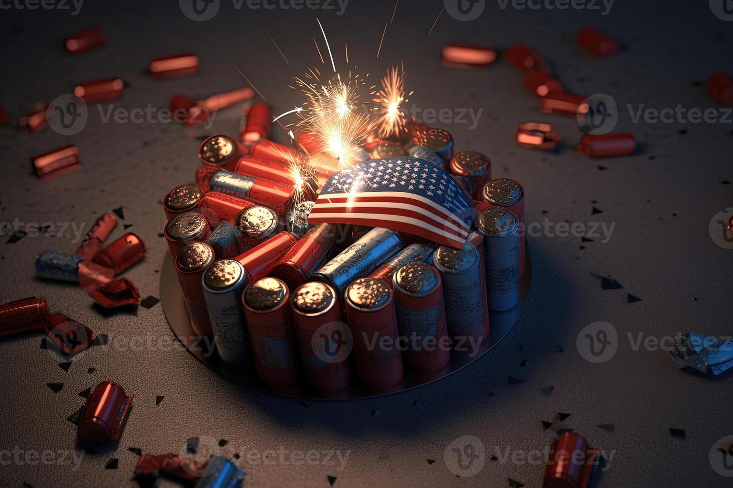 American Flag on Firecrackers Stock in Round Shape with Sparks on Floor. 4th of July, Independence Day Celebration Concept. . photo