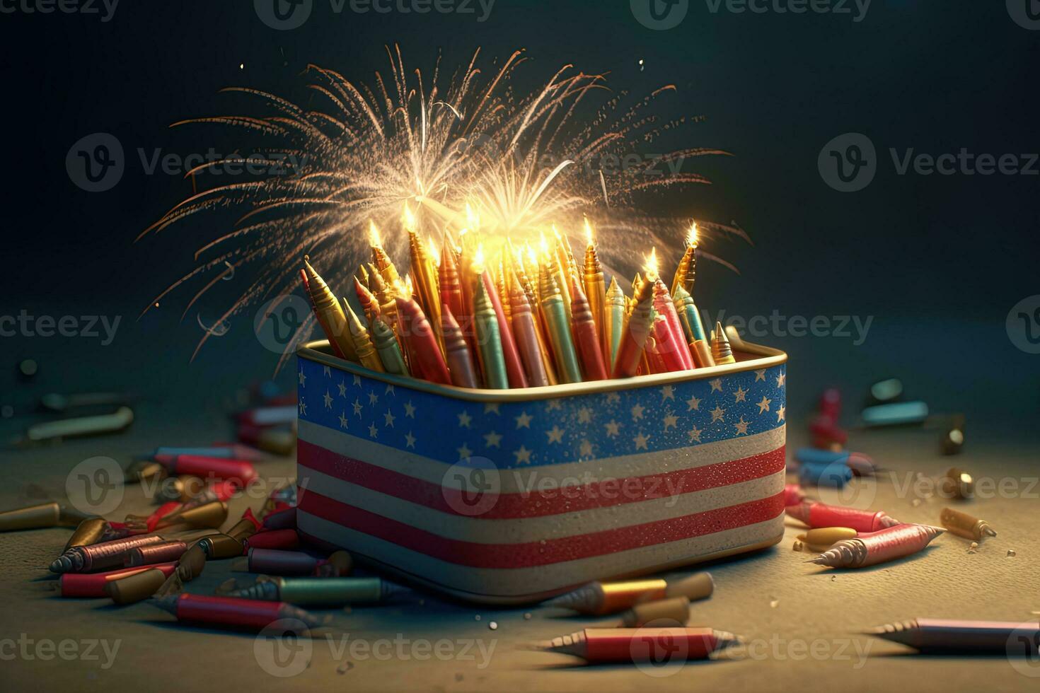 American Flag Color Box Full of Colorful Firecrackers with Sparks on Floor. 4th of July, Independence Day Celebration Concept. Generative AI. photo