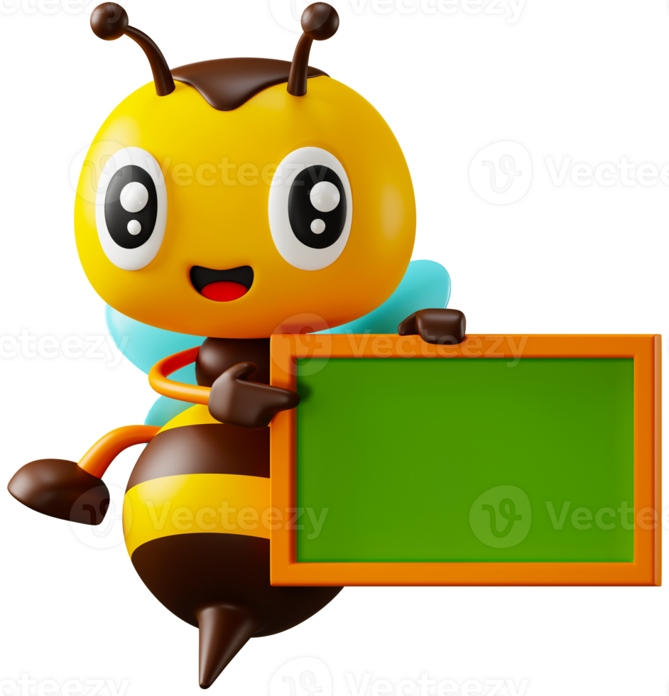 Cartoon cute honey bee hand pointing on empty blackboard 3D render character illustration. Back to school concept png