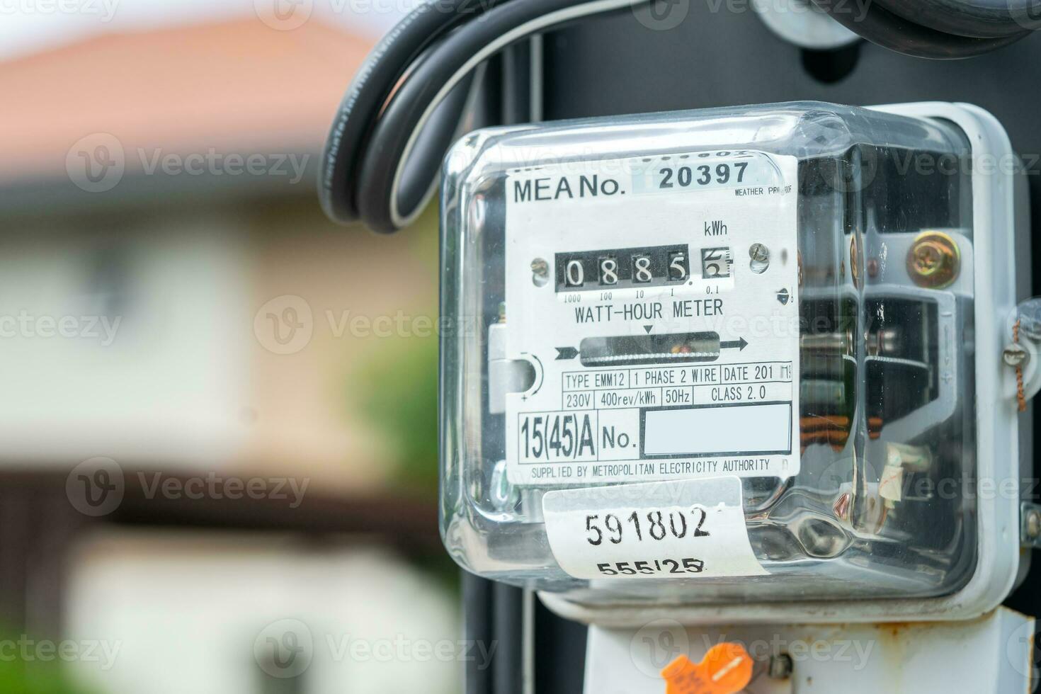 Bangkok, Thailand March 20, 2023,Electric measuring power meter for energy cost at home and office. photo