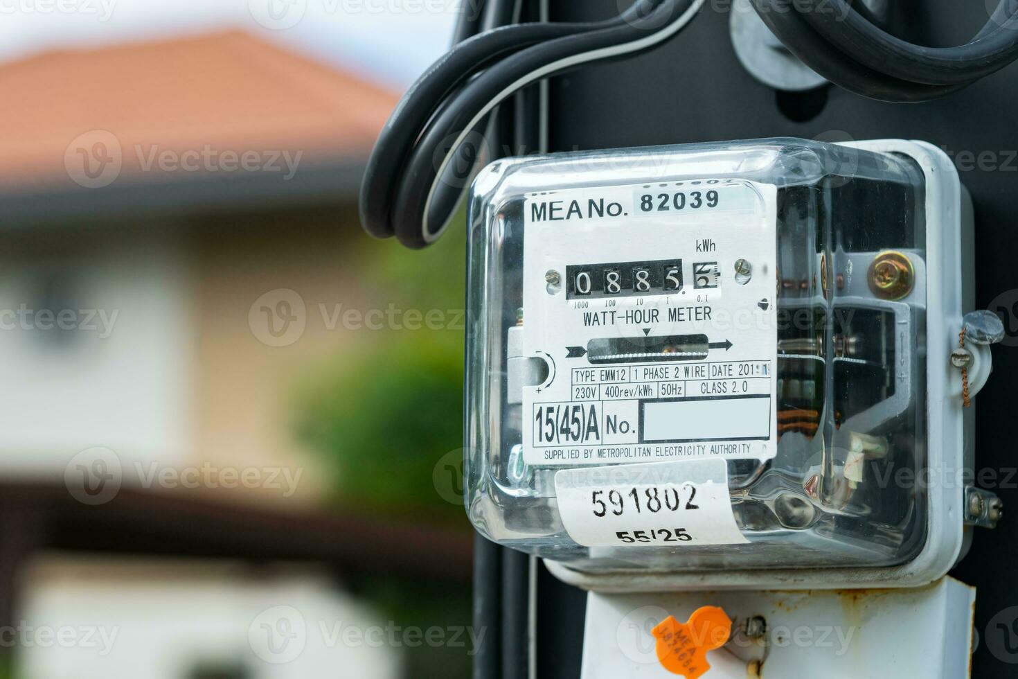Bangkok, Thailand March 20, 2023,Electric measuring power meter for energy cost at home and office. photo