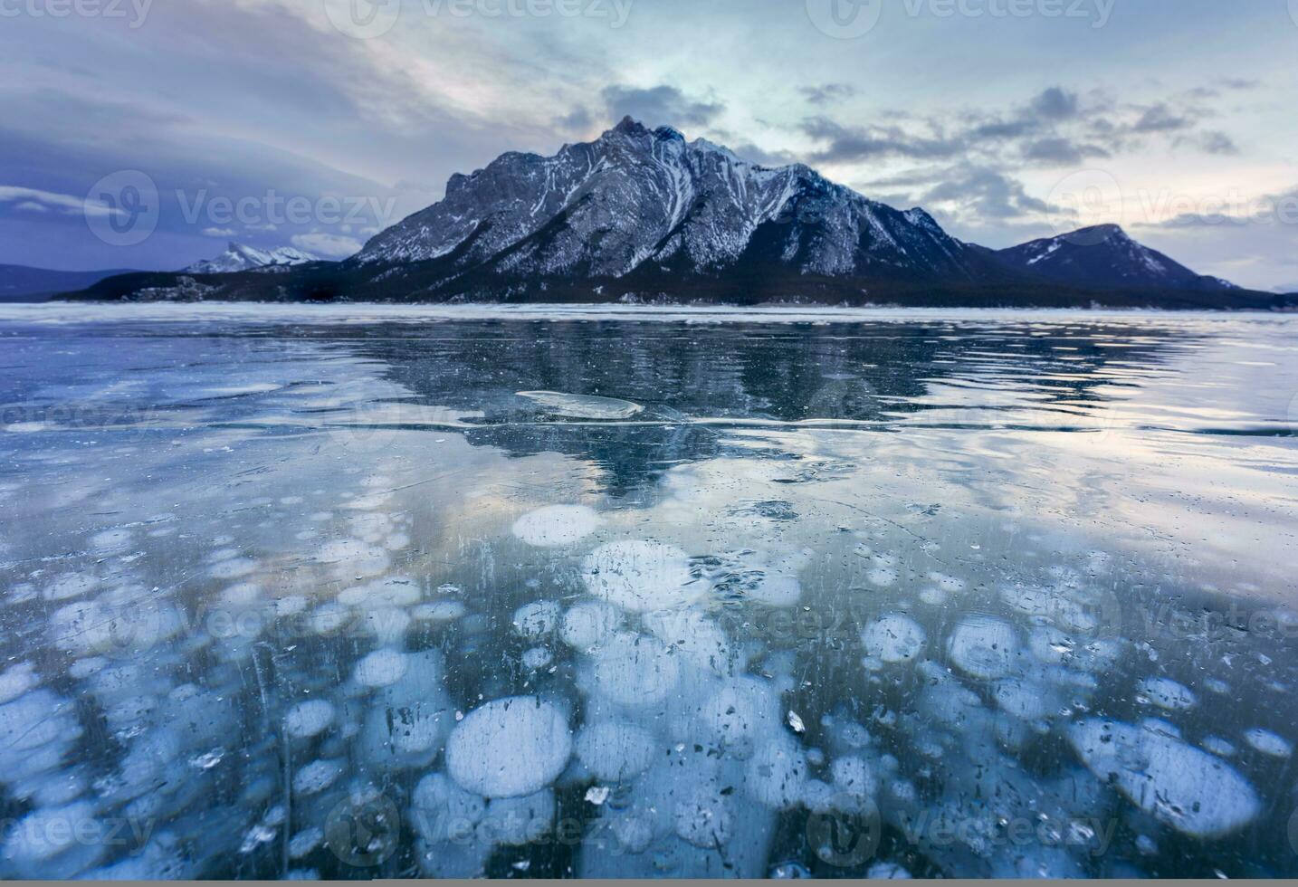 Frozen Abraham Lake with rocky mountains and natural bubbles frost in the morning on winter at Banff national park photo