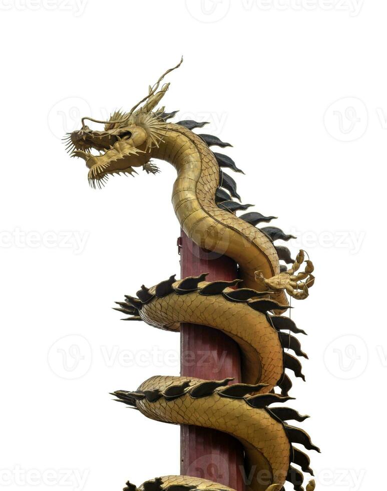 Golden dragon wrapped around wooden pole photo