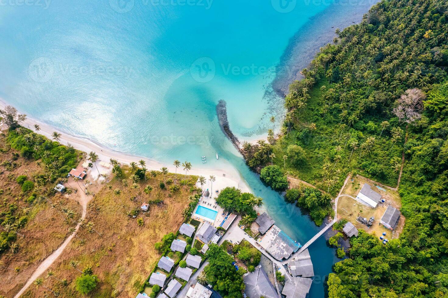 Beautiful tropical sea beach with palm forest and resort in summer photo