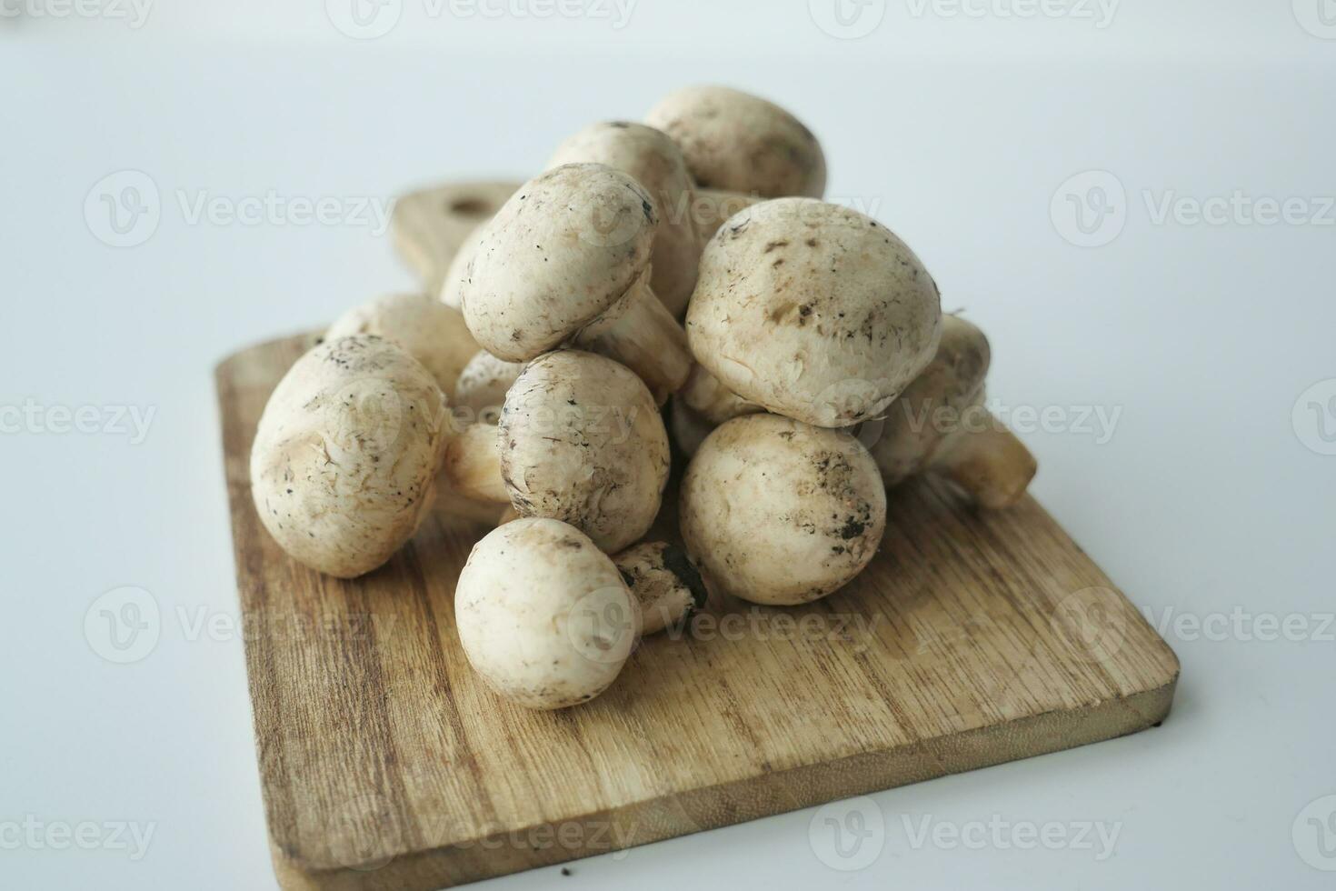 Fresh champignons mushroom in a white bowl on table photo