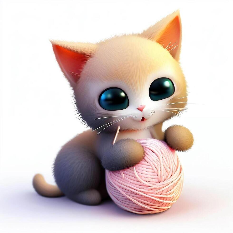 Cute Baby Cat playing with yarn wool ball illustration cartoon clip art photo