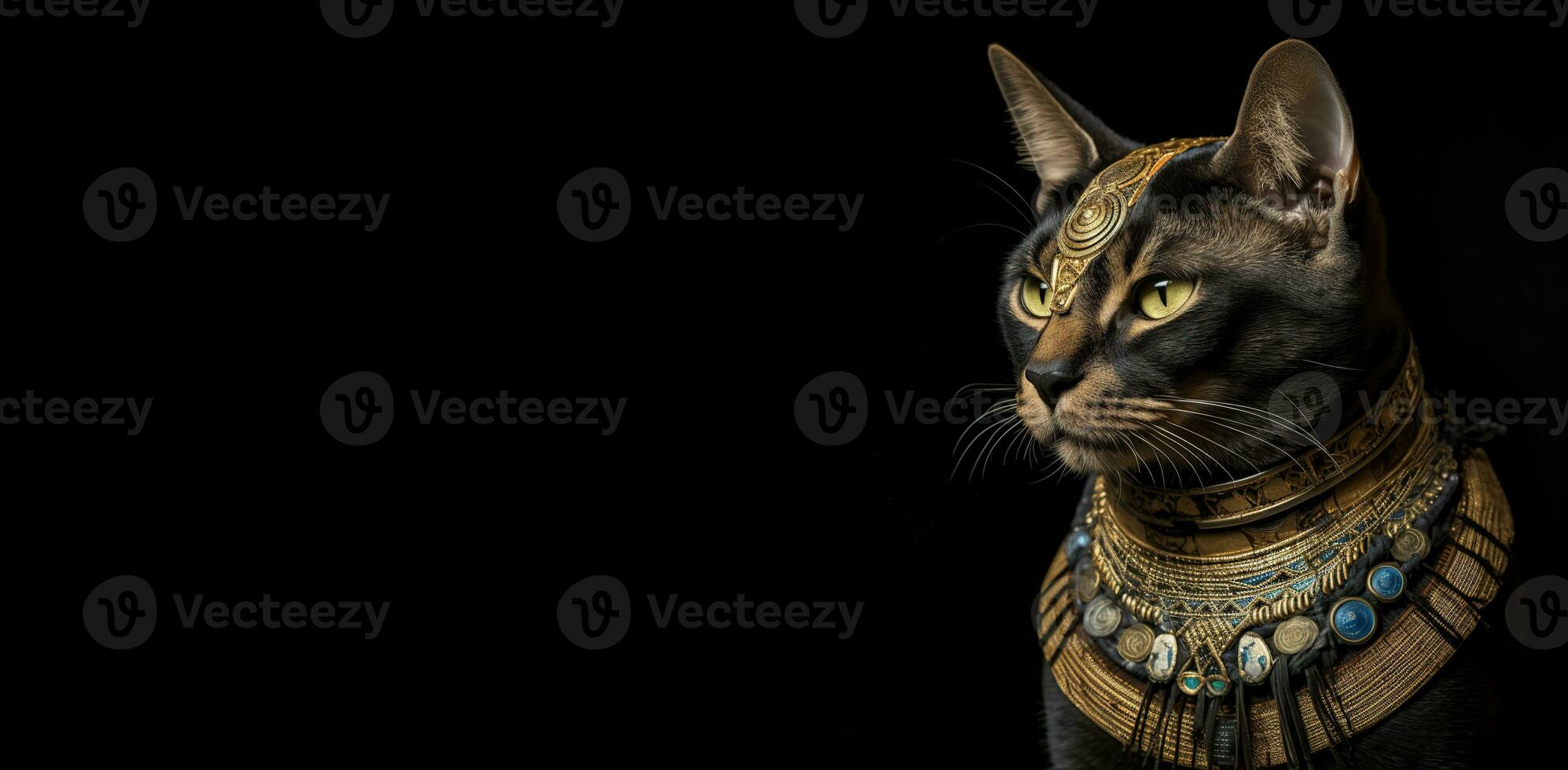 Portrait of a cat on a black background in a stylish outfit of an Egyptian pharaoh. Generative AI photo