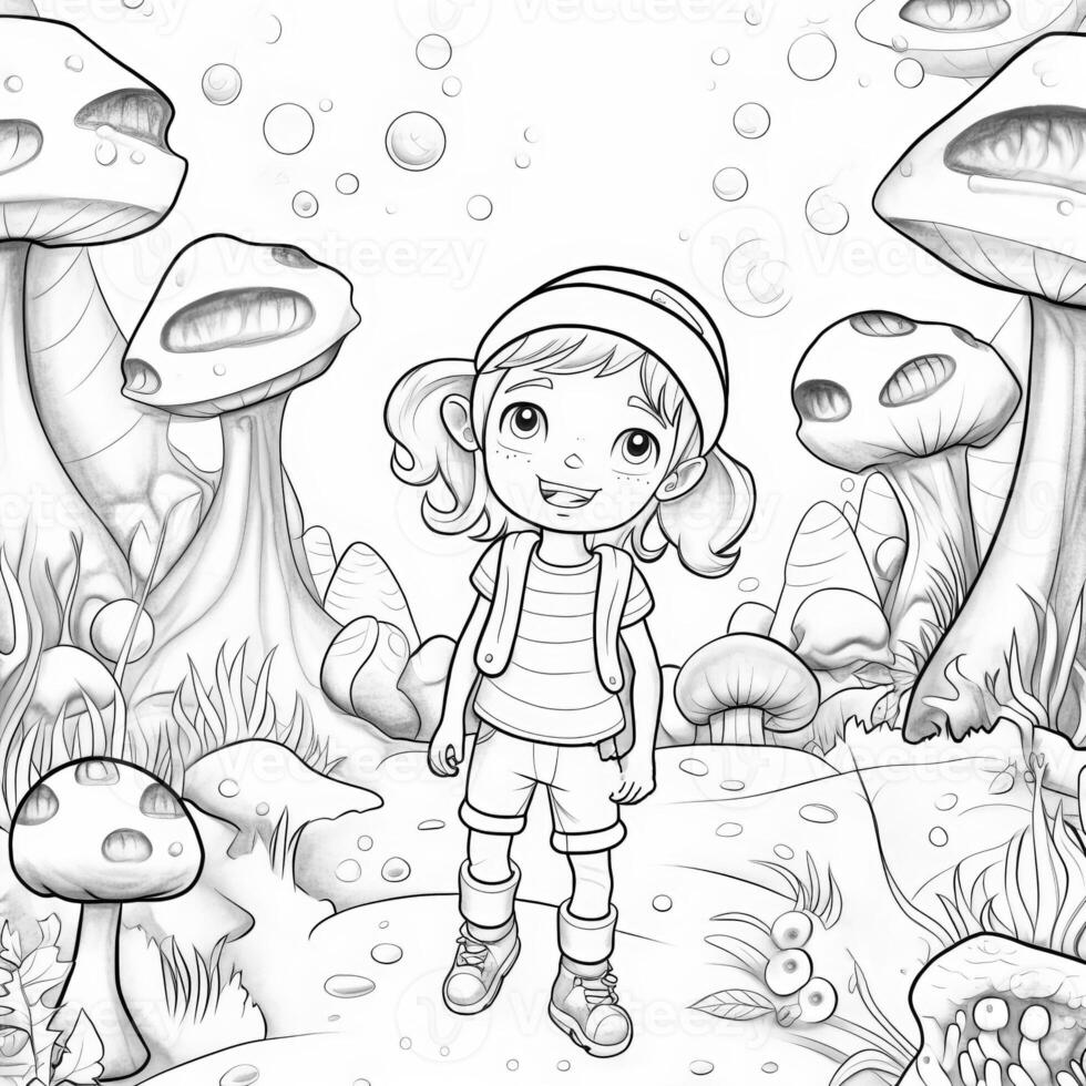 A girl in a magical forest with big mushrooms. Magical coloring page in doodle style. Generative AI photo