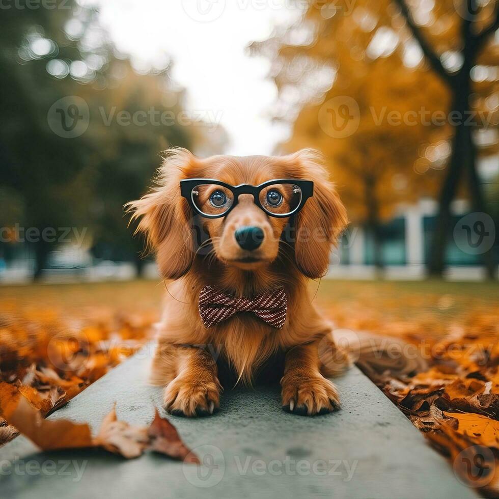 Cute little dog in glasses, bow tie, against the background of a blurred autumn park. Pet in stylish accessories. Generative AI photo