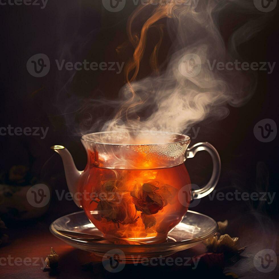 caliente té es al vapor en un vaso tetera en un rústico mesa. generativo ai foto