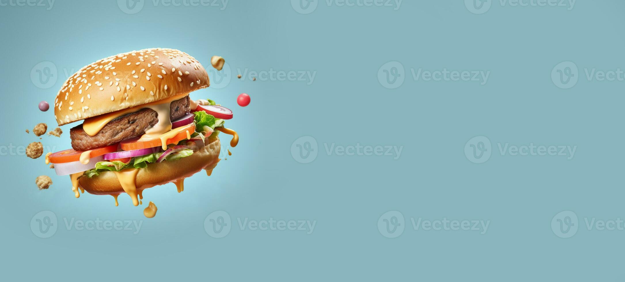 Levitation hamburger. Appetizing fast food on a blue background with space for text. Design for menus, covers, promotions. Generative AI photo