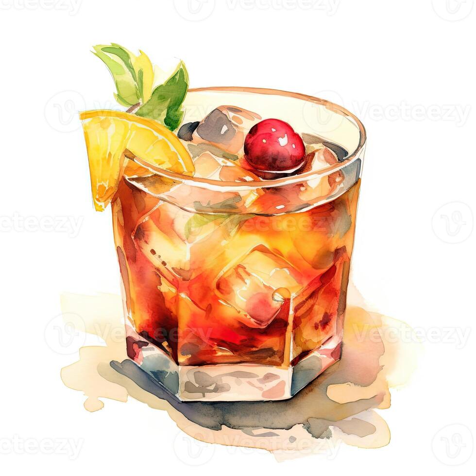 Brandy. Watercolor illustration of a yellow cocktail with ice on a white background. photo