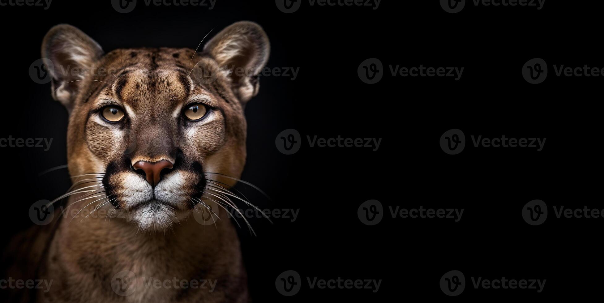 Studio portrait of a panther on a dark background. Horizontal banner with space for text. Generative AI photo