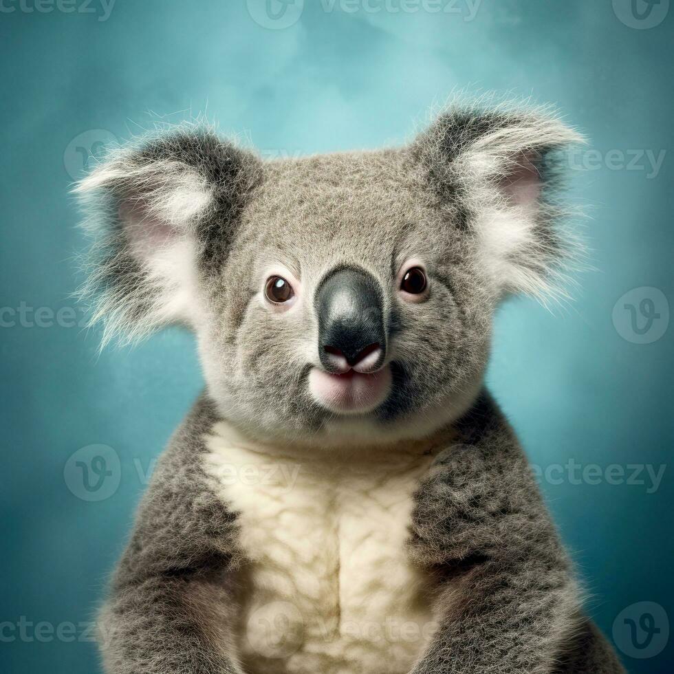 Koala on a blue background close-up studio portrait. Generative AI. photo