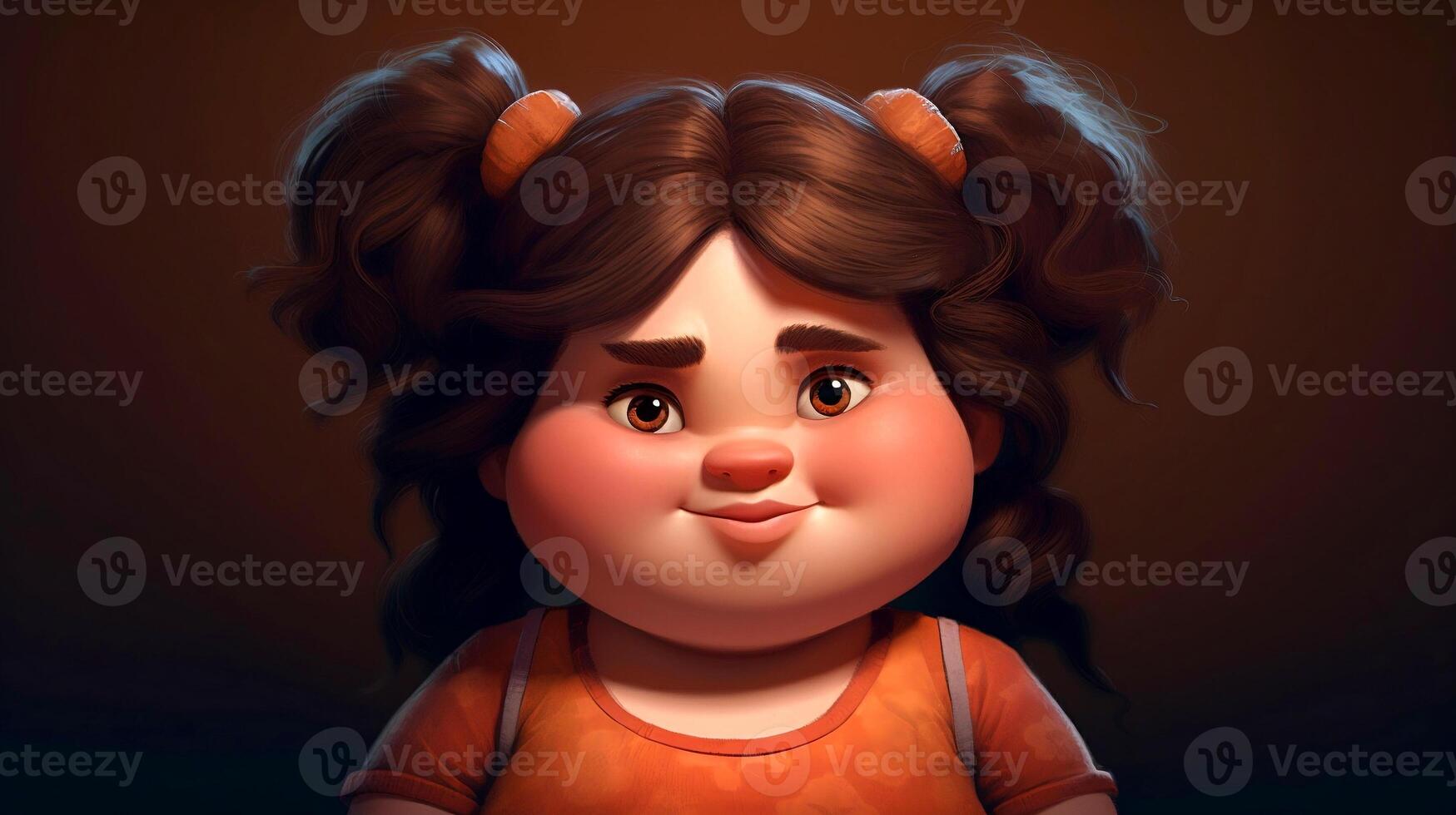 Cartoon fat baby with a cute face big eyed close up portrait. Animated movie character design. Generative AI photo