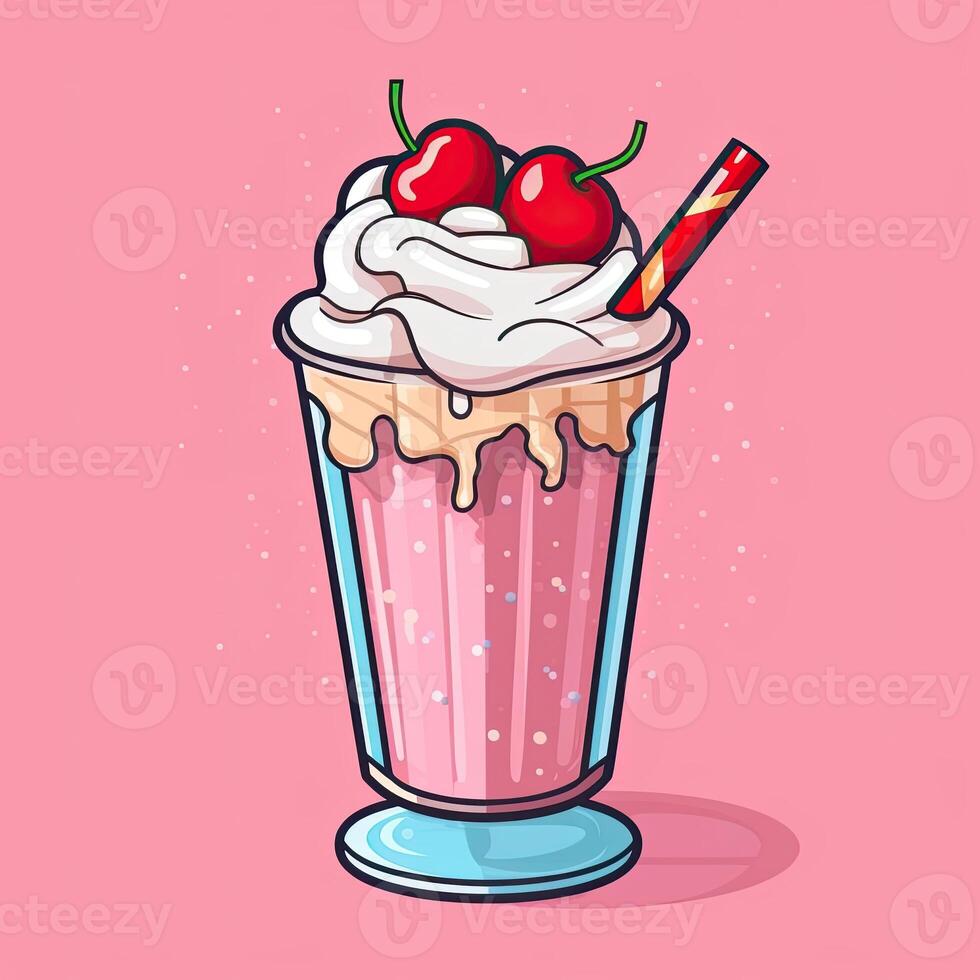 Milkshake on a pink background. Berry dessert garnished with cream and berries. photo