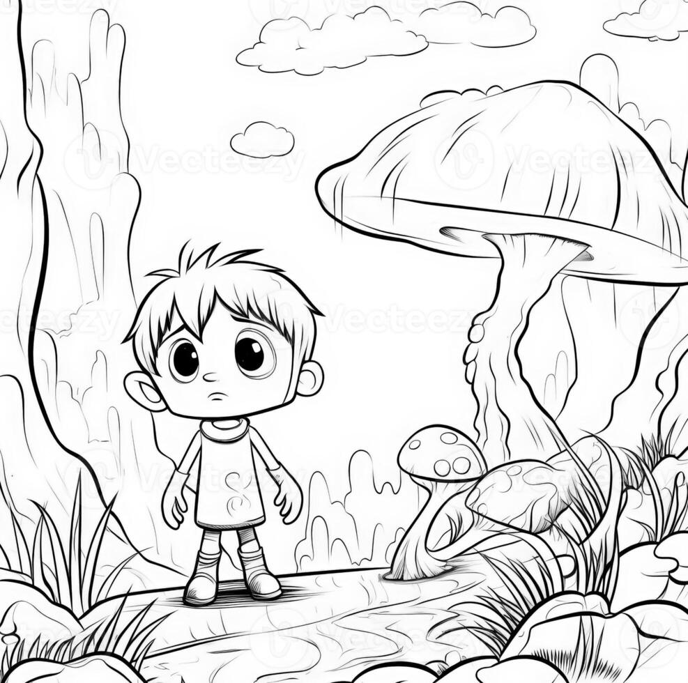 un niño en un hada bosque con un grande seta. colorante paginas para niños y adultos monocromo ilustración. generativo ai foto