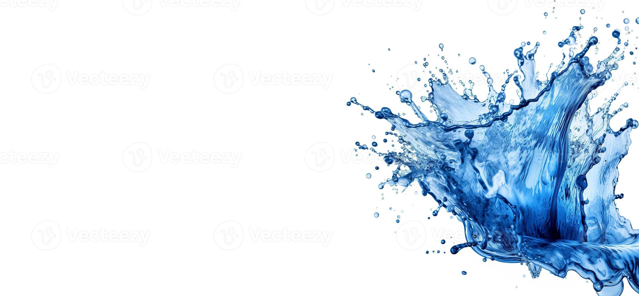 Splashes of blue water on a white background with space for text. Dynamic of transparent liquid. Generative AI photo