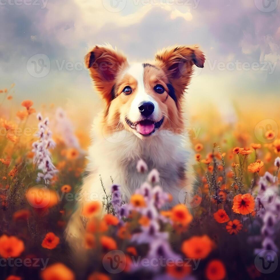 Cute dog in the fields of poppies with blue effect. photo