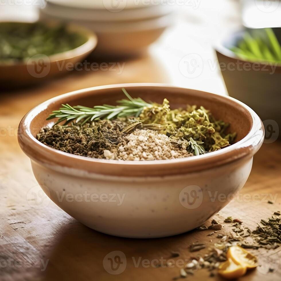 A mixture of spices and a sprig of rosemary in a rustic clay bowl. photo