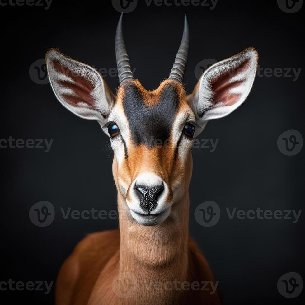 Black-footed antelope portrait on a black background close-up. Generative AI. photo