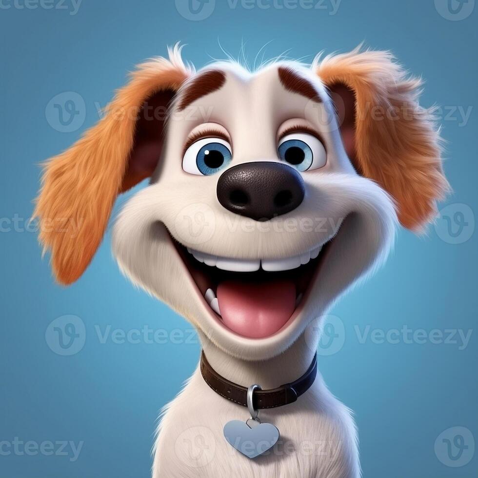 Cartoon smiling dog with big eyes on a blue background. photo