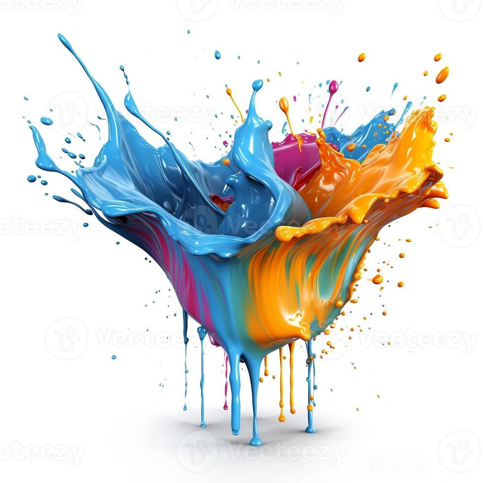 The fall of a multi-colored drop of paint close-up. Bright splashes and streaks on a white background. photo