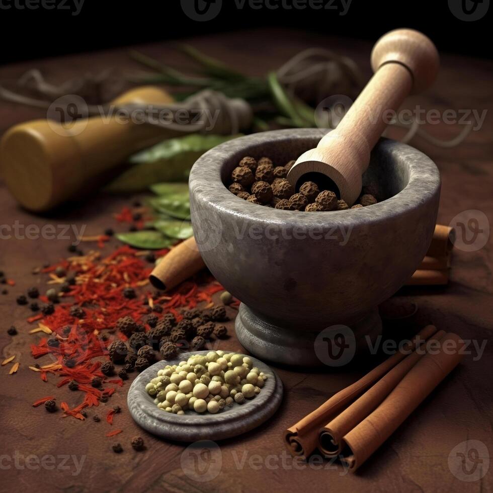 Spices. Mortar and pestle with peppercorns on blur background. Peppers set. Vintage style. exotic spices. . photo