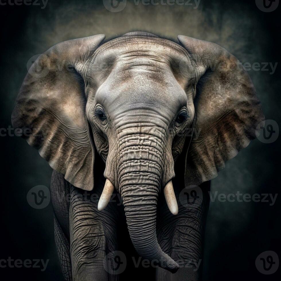 A massive savannah elephant close-up on a black background. Generative AI photo