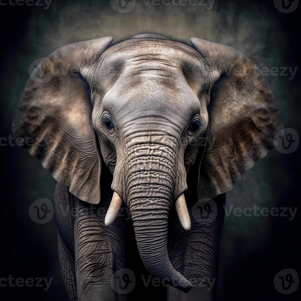 A massive savannah elephant close-up on a black background. photo