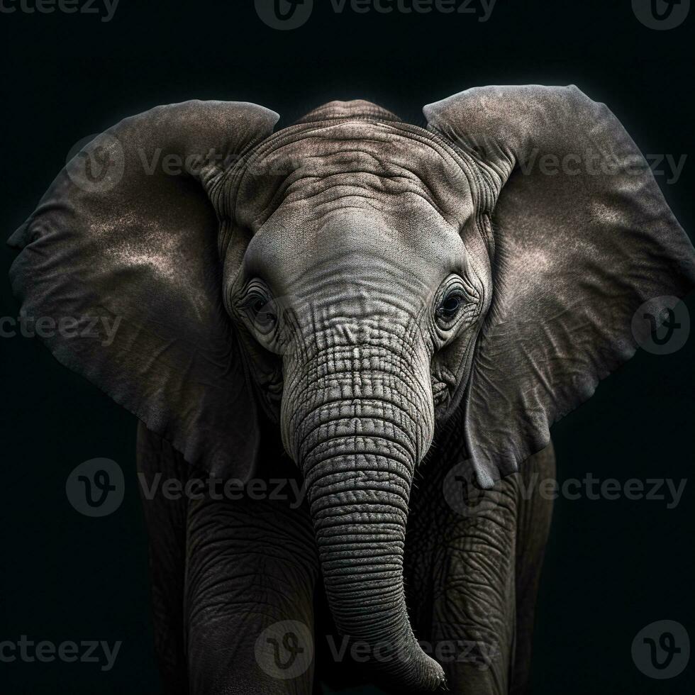 Close-up portrait of an elephant on a black background. Generative AI. photo