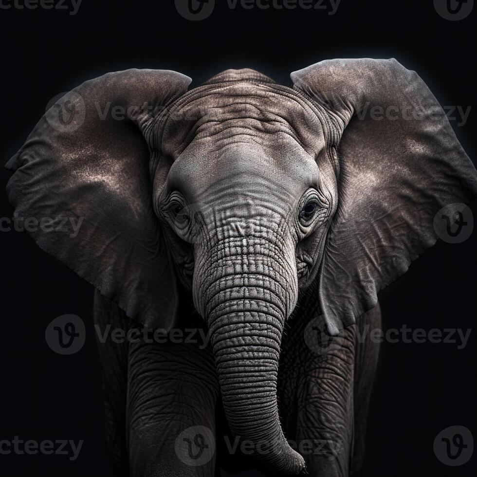 Close-up portrait of an elephant on a black background. . photo