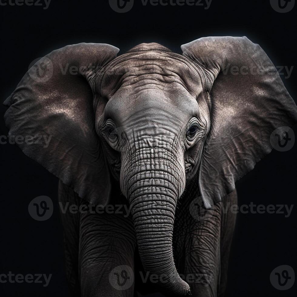 Close-up portrait of an elephant on a black background. Generative AI. photo