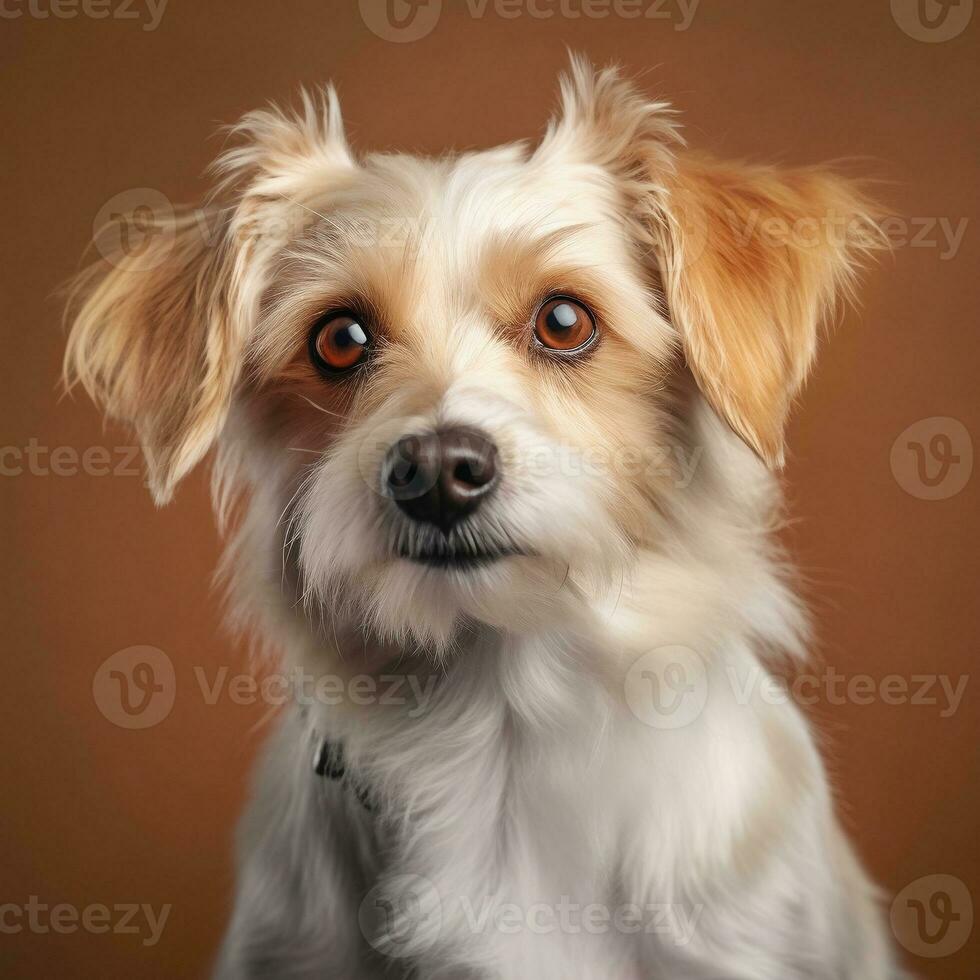 Studio portrait of a small pooch beige dog with a cute face on a brown background. Generative AI photo