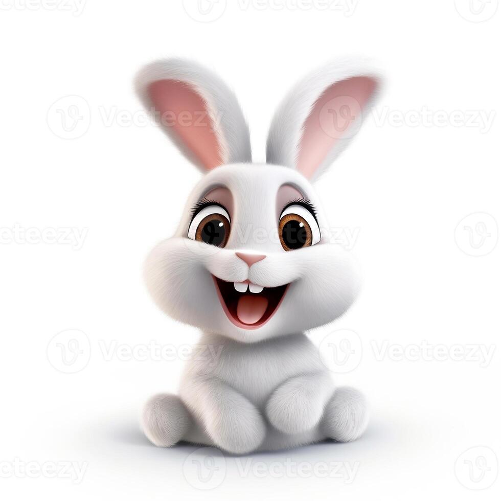 Cute white fluffy bunny. Cartoon mascot isolated on a white background. photo