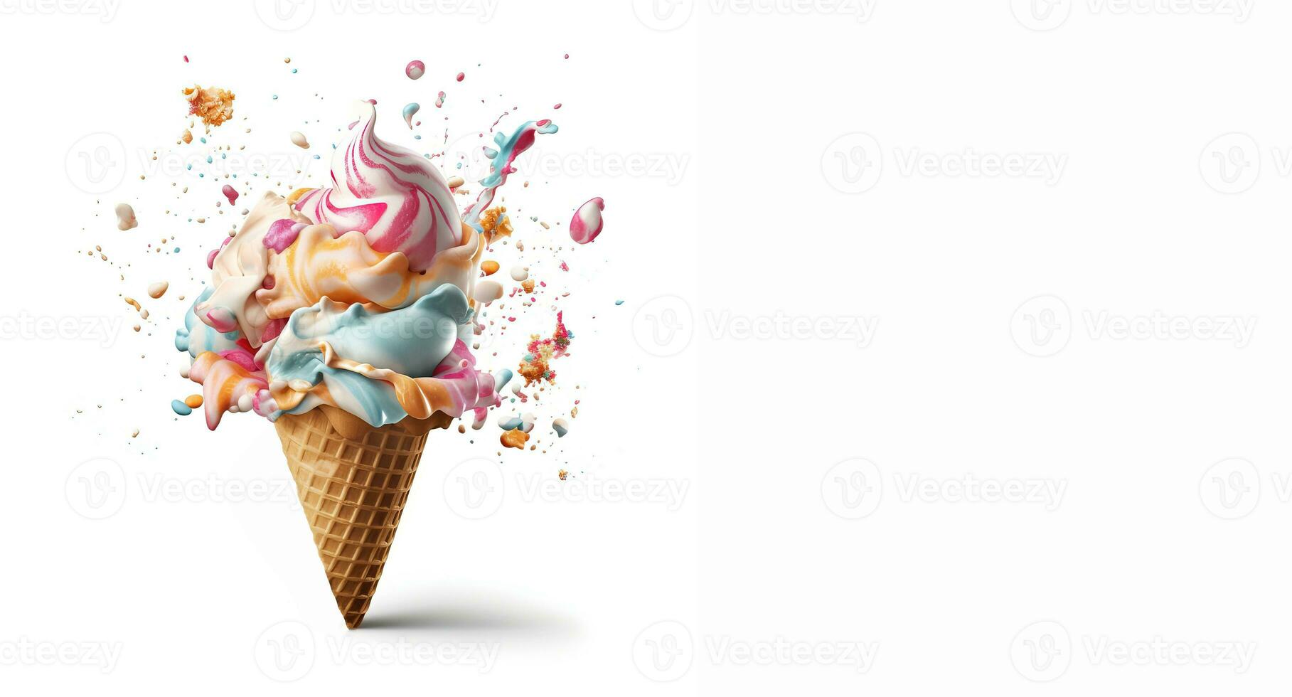 A cone with colorful ice cream on a white background with space for text. Balance and levitation. Realistic waffle cone with frozen dessert. Generative AI photo