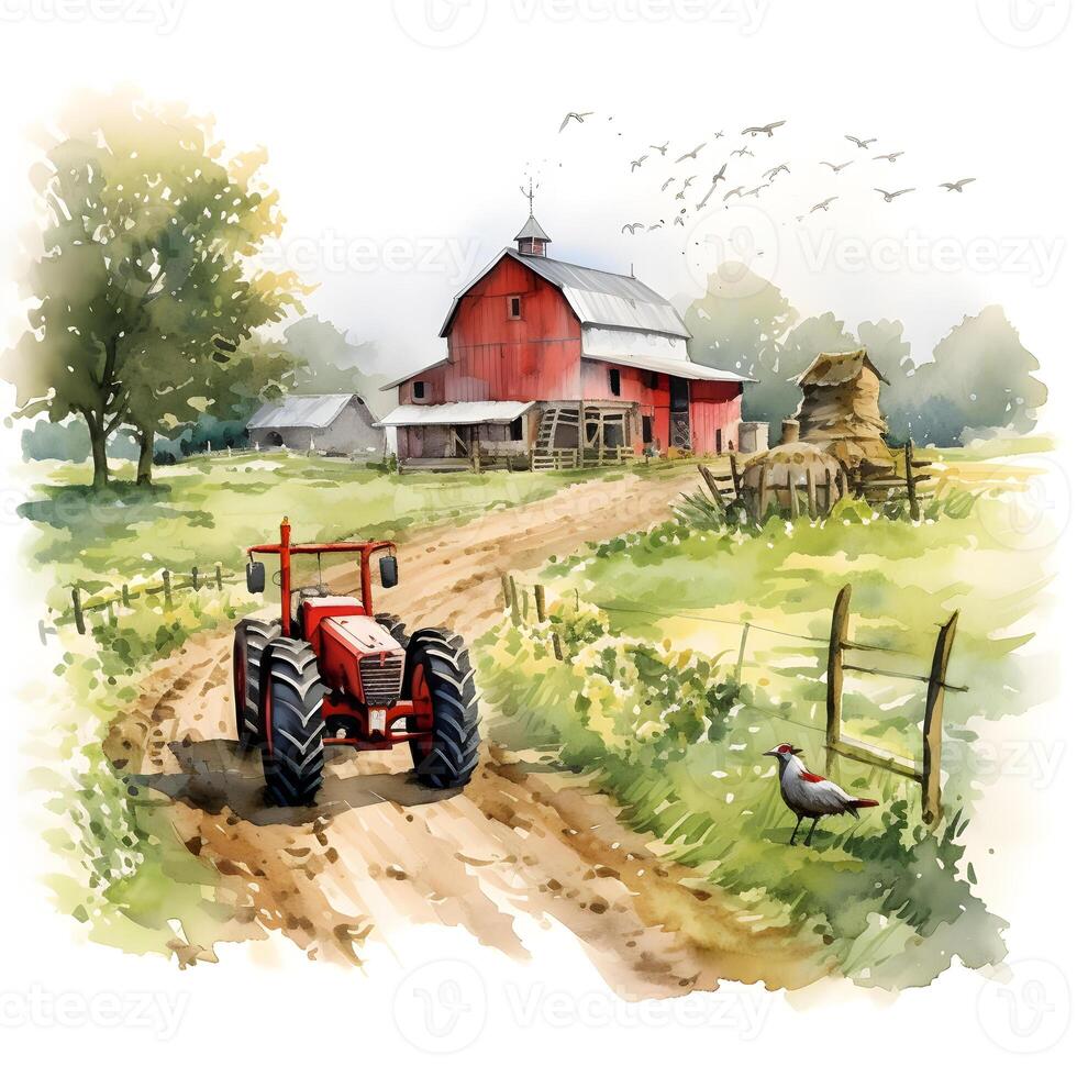 Old farm in the countryside watercolor hand drawn illustration. Tractor on a ranch among green hills, summer landscape. Farming business. Generative AI photo