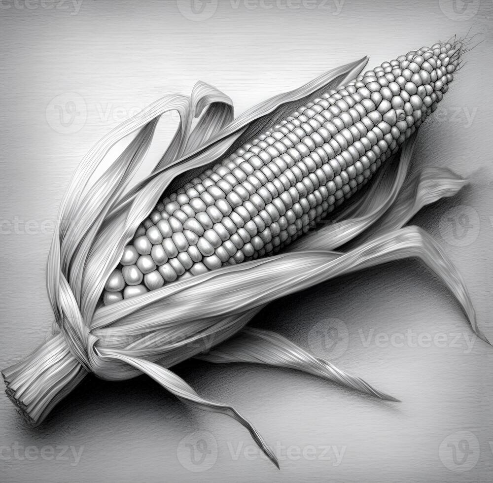 Corn cob, pencil sketch. Sweetcorn Logo hand drawn sketchy in retro style, pen on paper. Engraving. Organic product for menu or packaging. photo