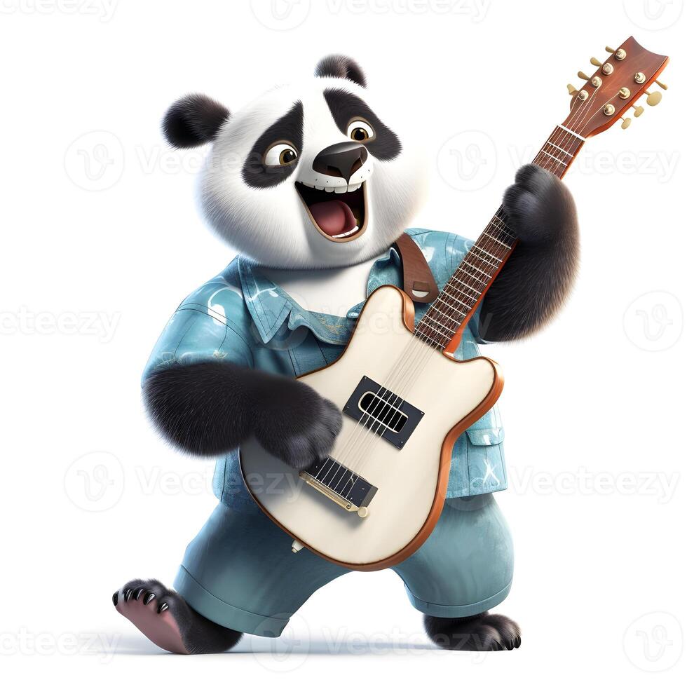 Funny panda playing guitar . Bamboo bear guitarist in blue suit on white background. Illustration for children's publications. photo