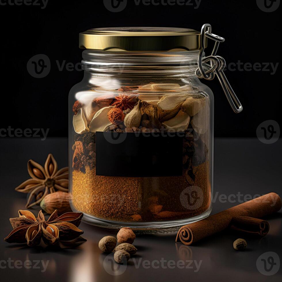 Glass jar with natural spices. Star anise, allspice, cinnamon sticks on the table. . . photo