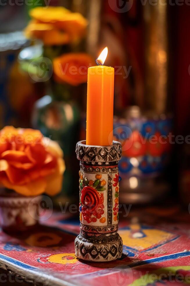 A candle in mexican catholic altar. AI generative photo