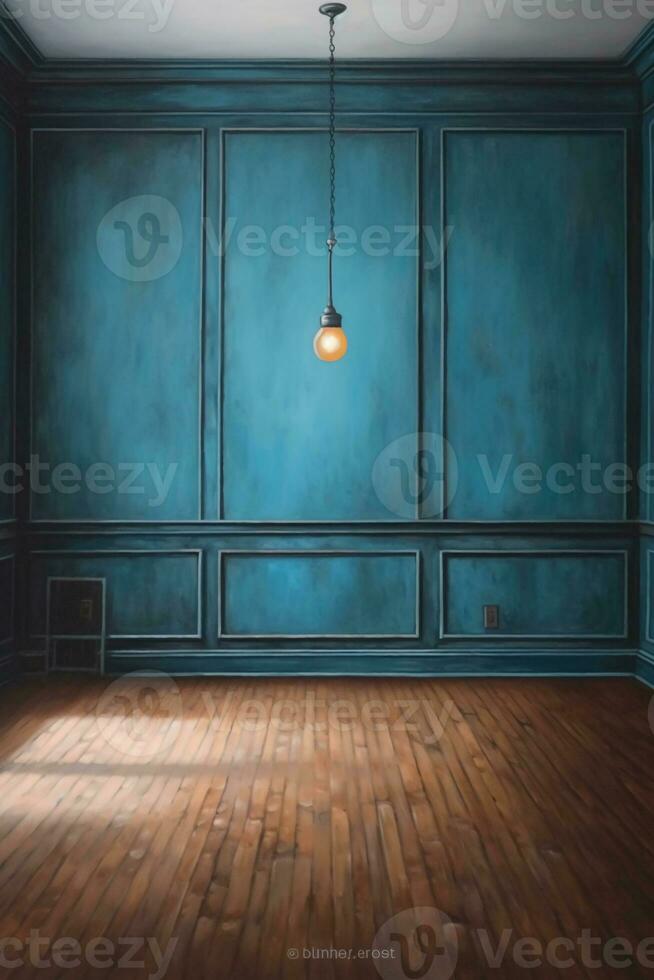 petróleo pintura de un vacío roble panelado habitación con un soltero azul bombilla. ai generativo foto