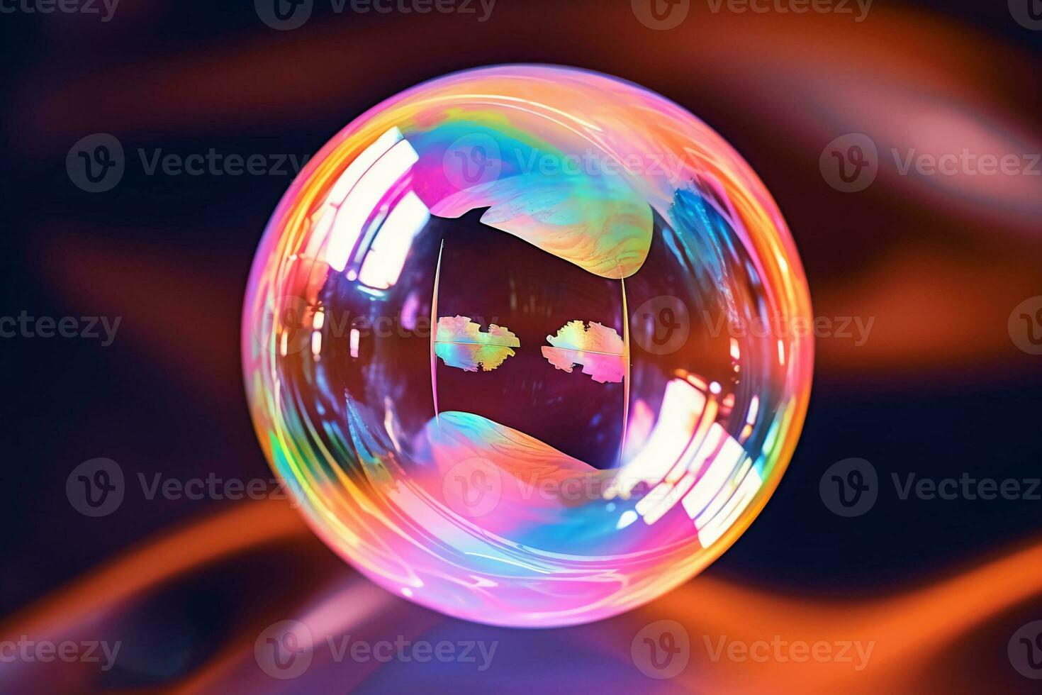 Iridescent soap bubble on multicolored background. AI generative photo