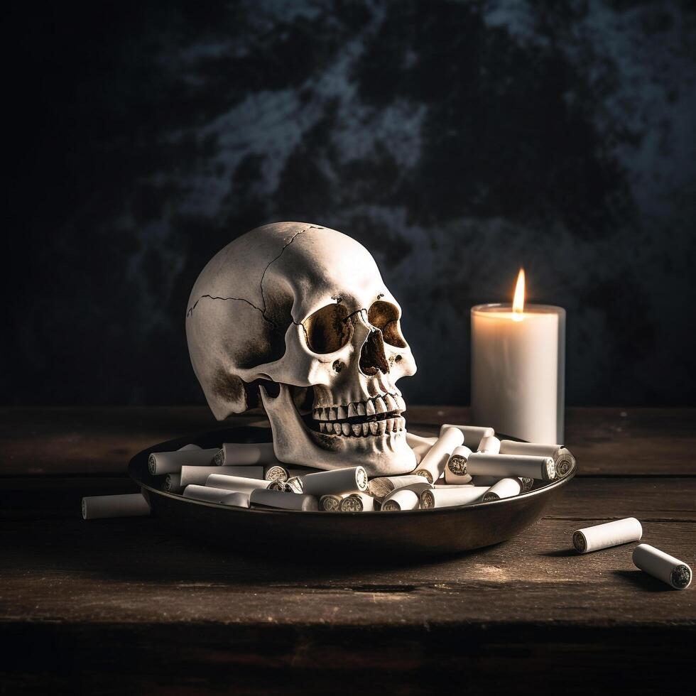 Skull with Cigar Butt and Candle photo