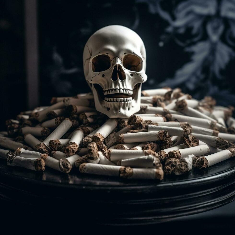 AI Generative Skeleton on Top Pile of Cigarette photo