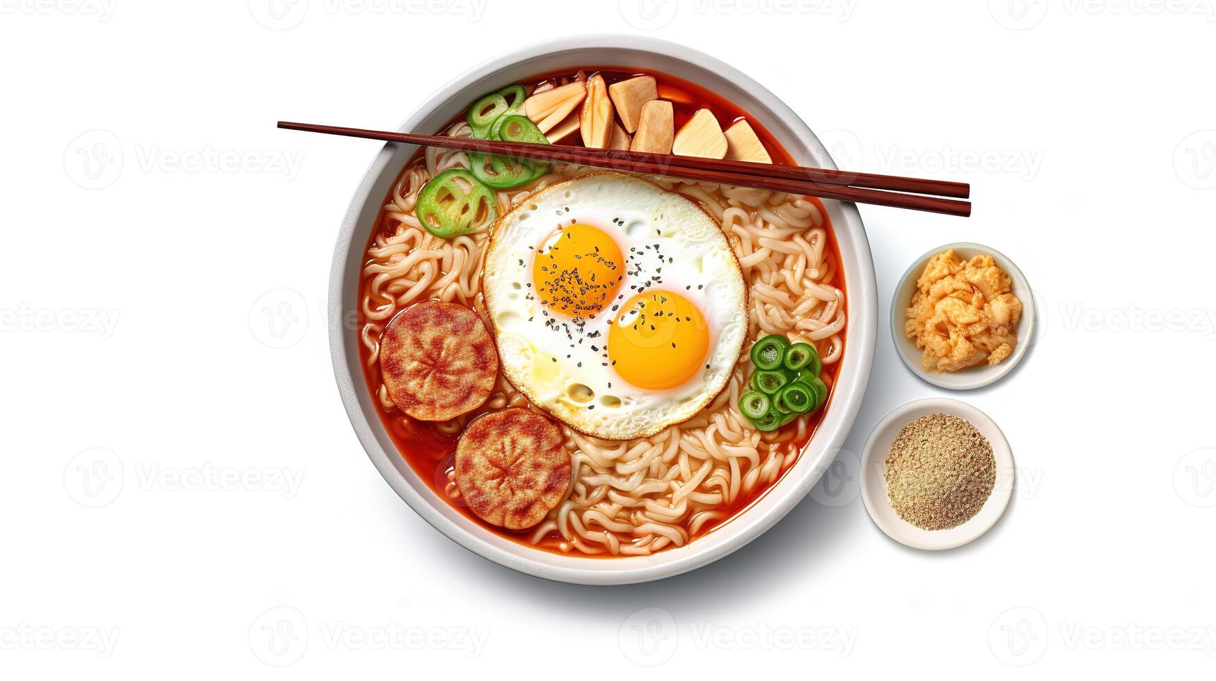 Korean instant noodles with korean rice cake and fish cake and boiled egg, photo